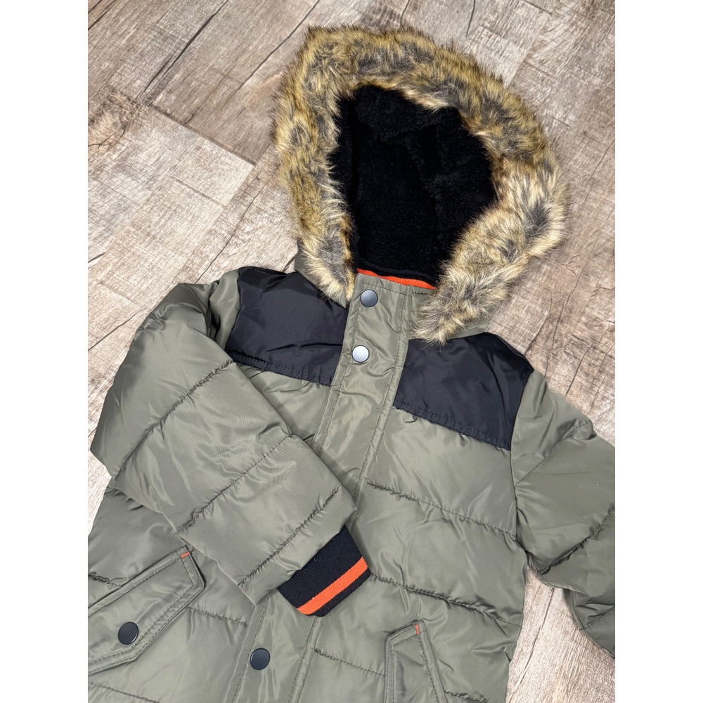 Boys Olive Green Black Cozy Puffer Jacket Faux Fur Hood 2T